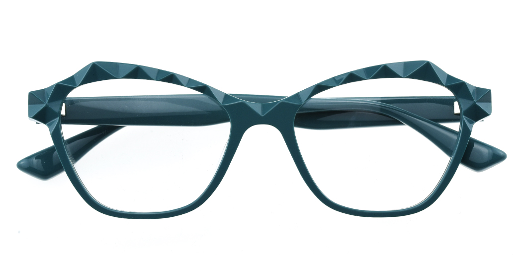 Teal CNL acetate optical frame with a sculpted geometric front